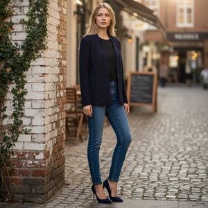 MISOOK DARK BLUE SOFT KNIT SINGLE BUTTON V-NECK TONAL PATTERN BLAZER JACKET SZ L